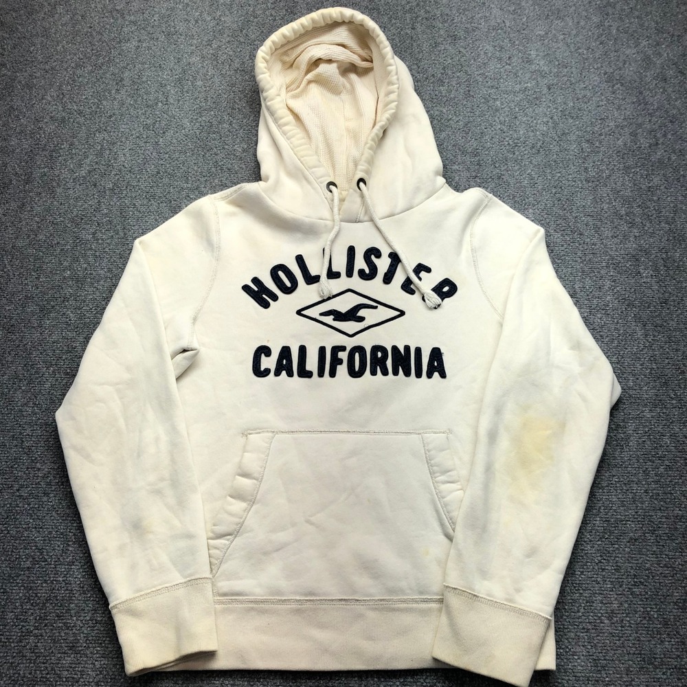 Hollister California Mens Graphic Hoodie Cream Off White Navy Blue Logo Size M